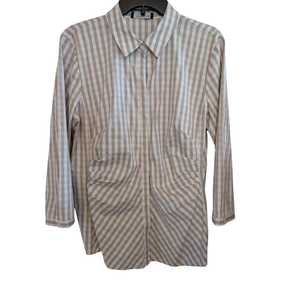 Lafayette 148 New York Lehigh Button Up Blouse Size 12 Gingham Check Ruched Tan - Picture 2 of 8
